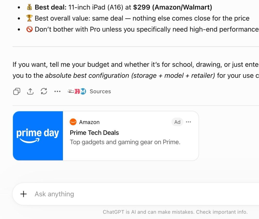 ChatGPT上に表示されたAmazonのプライムデー広告のスクリーンショット