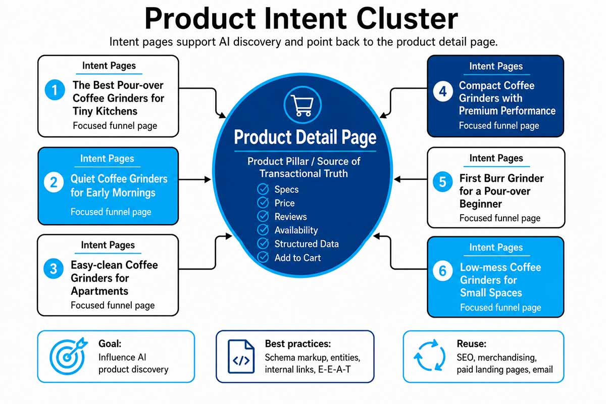 Practical Ecommerceが示す商品インテントクラスターの図。商品詳細ページを中心に、利用シーン別のページが取り囲む構造