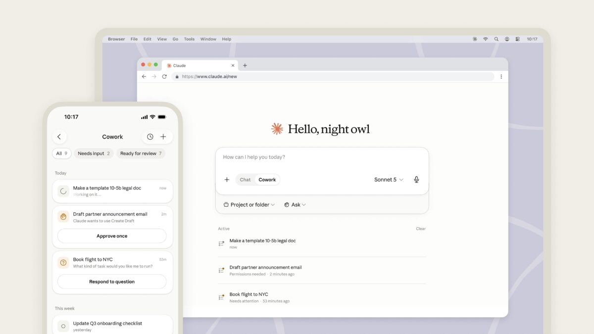 Claude CoworkがモバイルとWebに対応したことを示すビジュアル