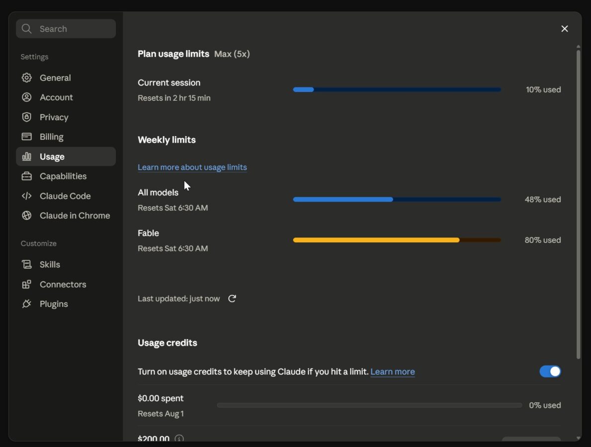 Claudeの利用設定画面。Fable 5は週次利用上限の50%まで利用できる