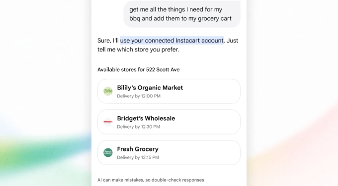 Google AIモードのアプリ連携画面。買い物リストをInstacartのカートに追加する例