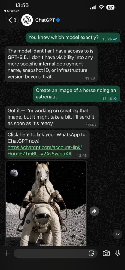 WhatsApp上で動作するChatGPTのチャット画面