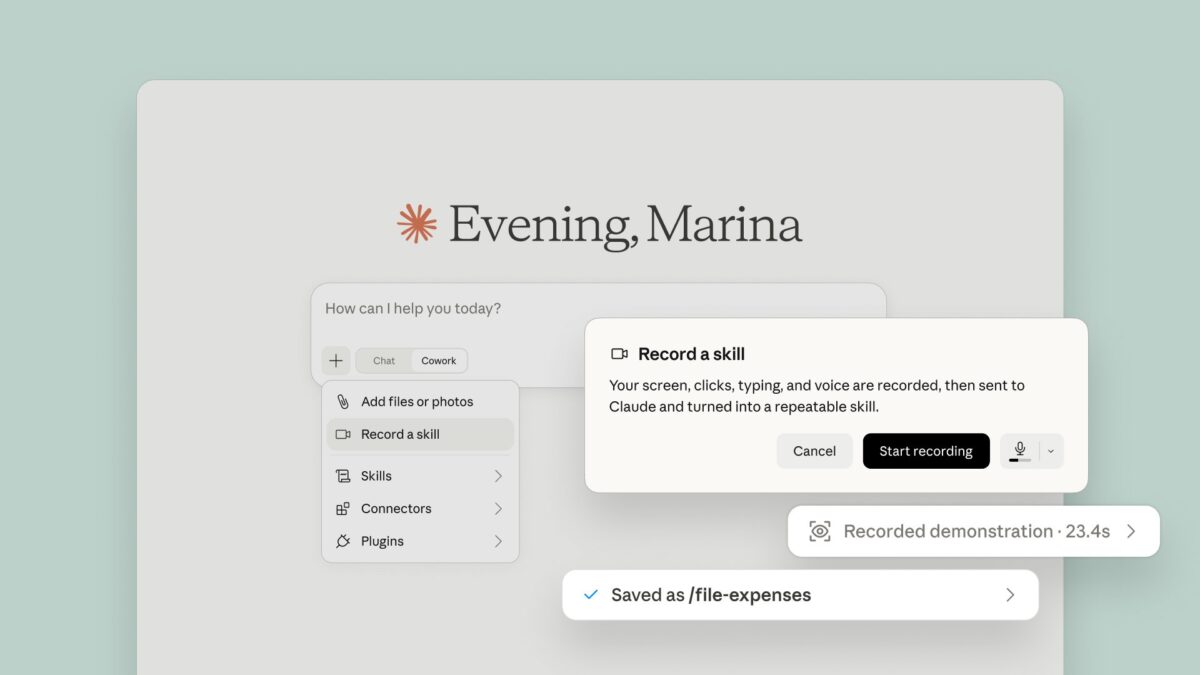 Claude Coworkの新機能「Record a skill」。画面操作・クリック・入力・音声を記録し、再利用できるスキルに変換する