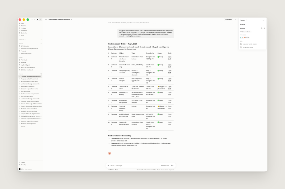 受信箱スキルが担当者のメールに返信案を下書きとして残した画面