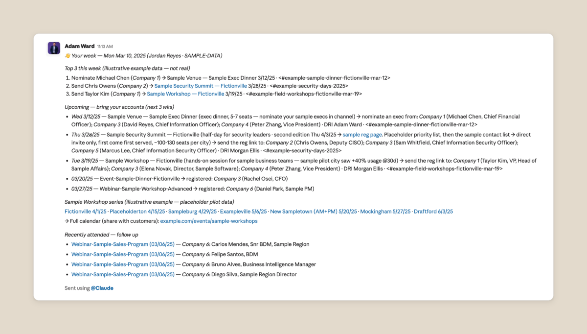 Claude Codeが生成する月曜朝の週次ダイジェストのSlack画面イメージ