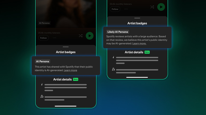 SpotifyのAI PersonaとLikely AI Personaのラベルが表示されたモバイル画面のイメージ