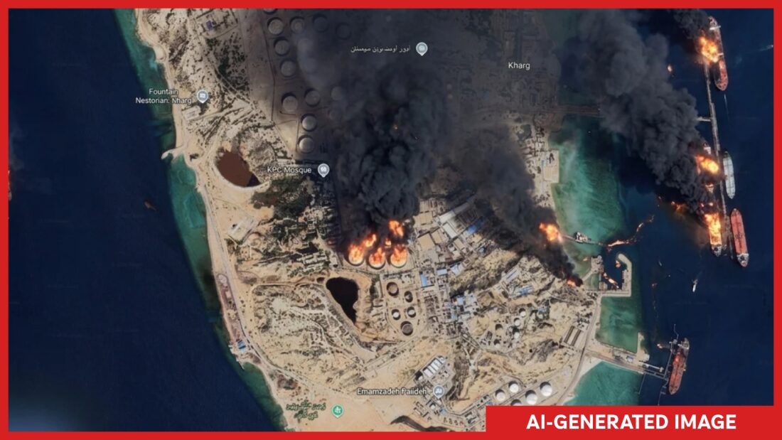 AIで生成されたイランのハールク島が炎上する衛星画像