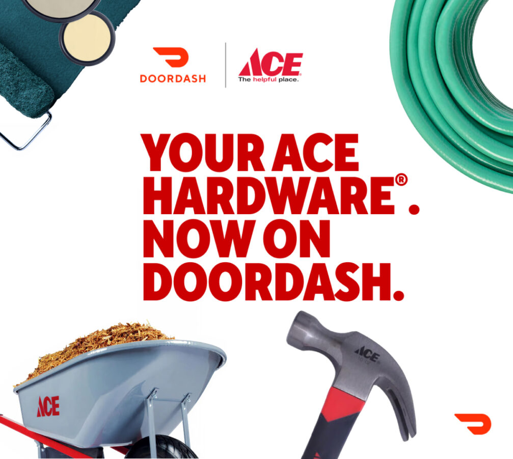 DoorDash上のAce Hardwareストアフロントで即時配送を提供する提携の告知画像
