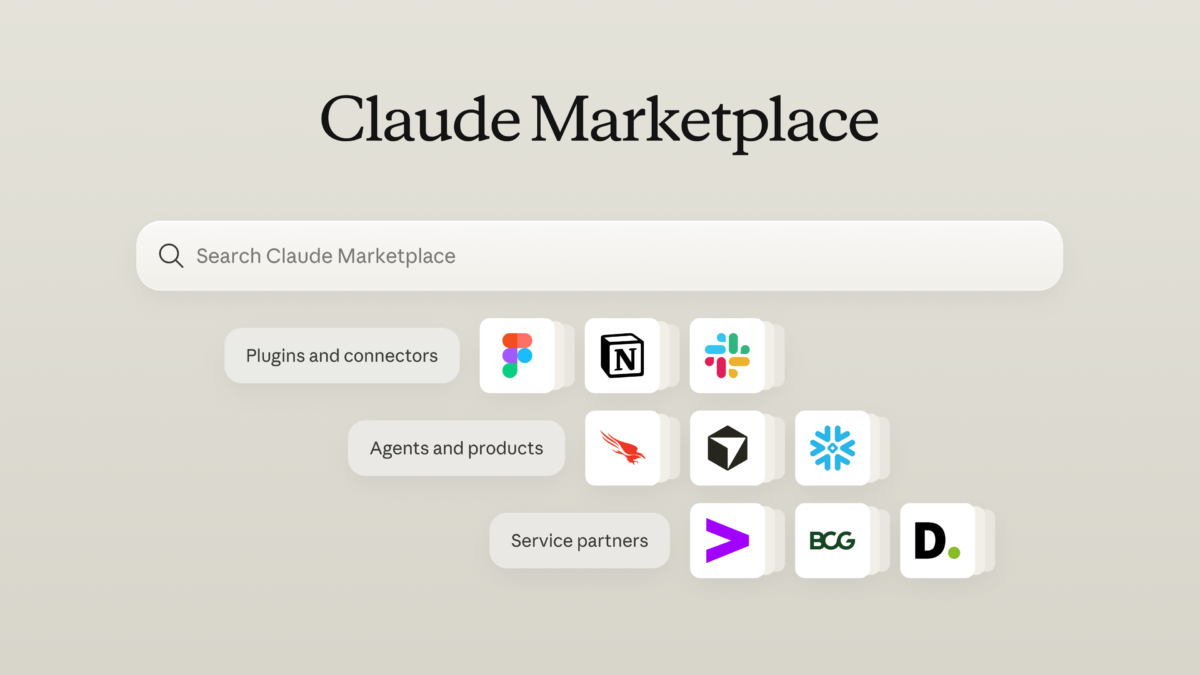 Claude Marketplaceのトップ画面。コネクタやプラグイン、エージェント製品がカテゴリ別に並んでいる