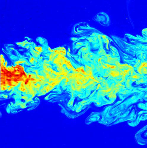 流体の乱流を疑似カラーで可視化した画像