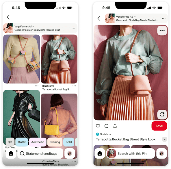 Pinterestの検索結果に表示される新しい広告フォーマットの画面イメージ