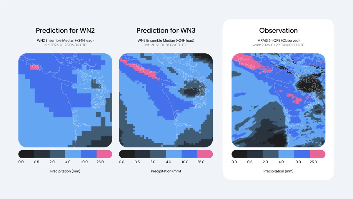 WeatherNext 2とWeatherNext 3の降水予測の比較図