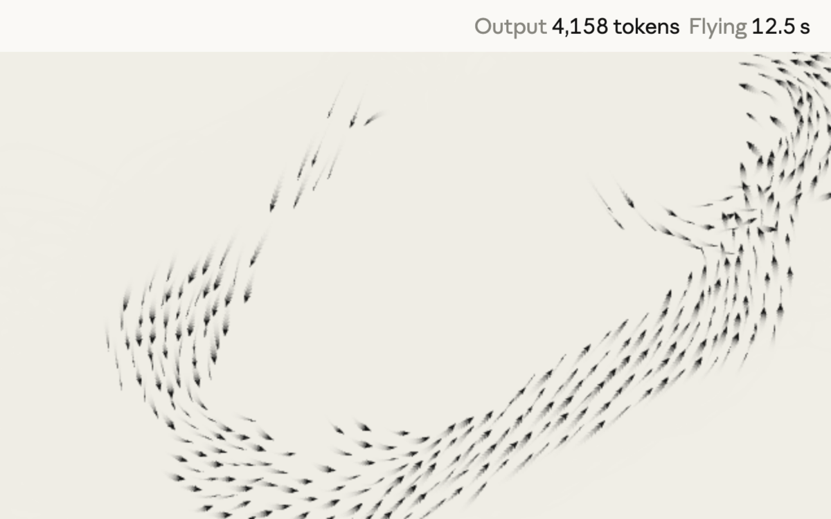 Claude Sonnet 5.5が1つのHTMLファイルで400羽のムクドリの群れを描くプログラムを書き、実行している画面