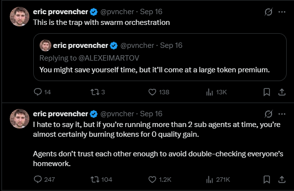 Provencherの投稿。2体を超える並列サブエージェントは品質向上なしにトークンを消費すると指摘している