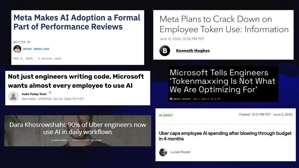Meta・Microsoft・Uberがトークン利用を抑制し始めたことを伝える見出しのスライド