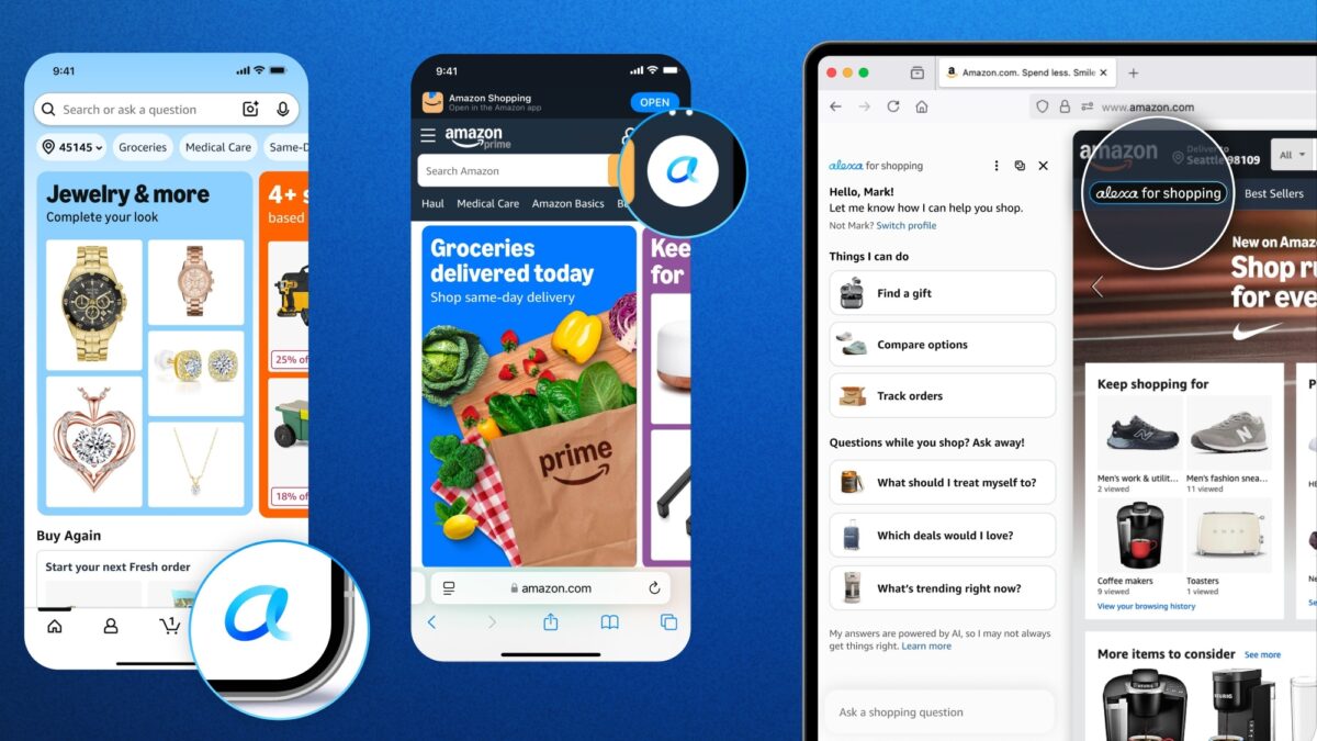 Alexa for Shoppingをスマートフォンやスマートディスプレイなど複数の端末で使う画面イメージ